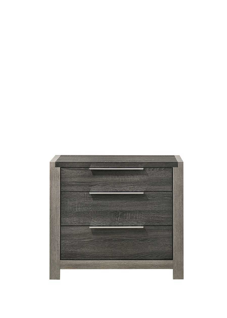 The Jehoram Nightstand in gray features a modern design with dark gray wood, three spacious horizontal drawers, and sleek metal handles, shown against a plain white background.