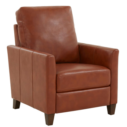 The Pablo - Modern Recliner features a brown leather finish, high back, cushioned seat, and straight wooden legs, shown against a white background.
