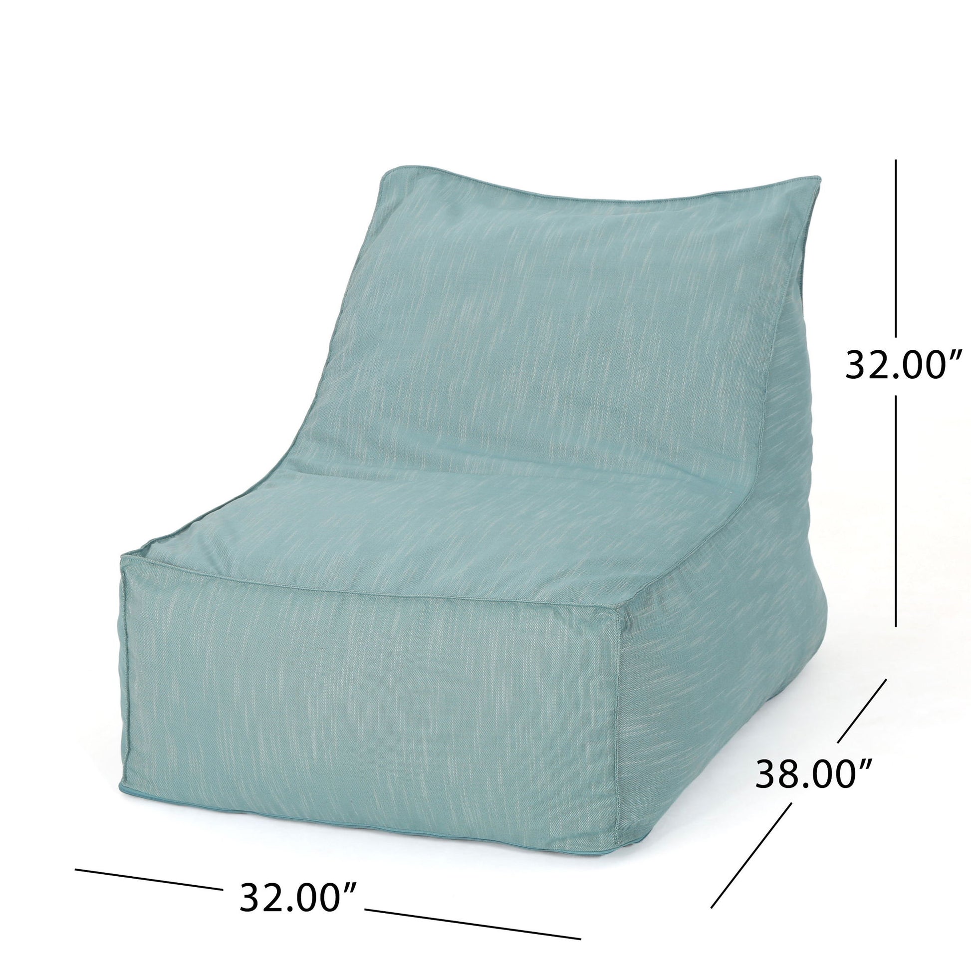 The Ettie Water Resistant Fabric Bean Bag Chair features a light blue color, sloped backrest, and measures 32”W x 38”D x 32”H.