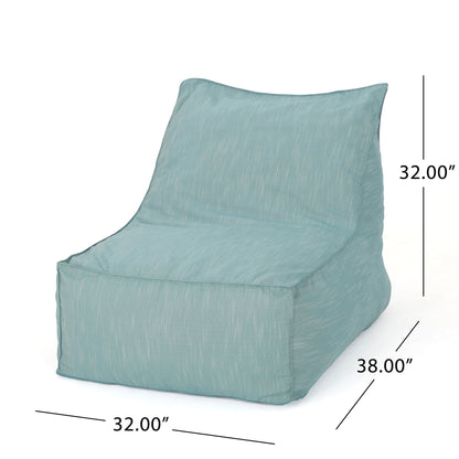 The Ettie Water Resistant Fabric Bean Bag Chair features a light blue color, sloped backrest, and measures 32”W x 38”D x 32”H.