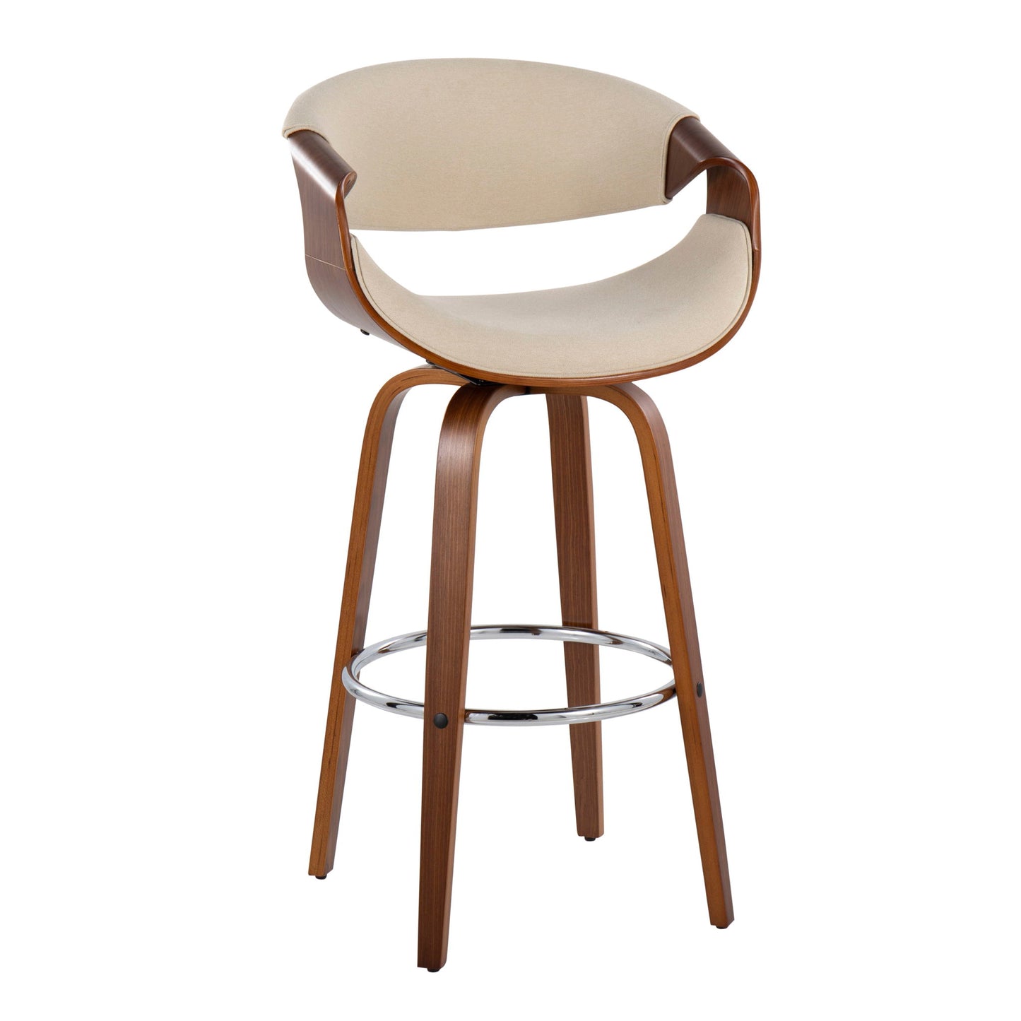 The Curvini Mid-Century Modern Fixed Height Barstool with Swivel (Set of 2) features a beige upholstered seat, curved wooden backrest, and four wood legs with a circular chrome footrest.