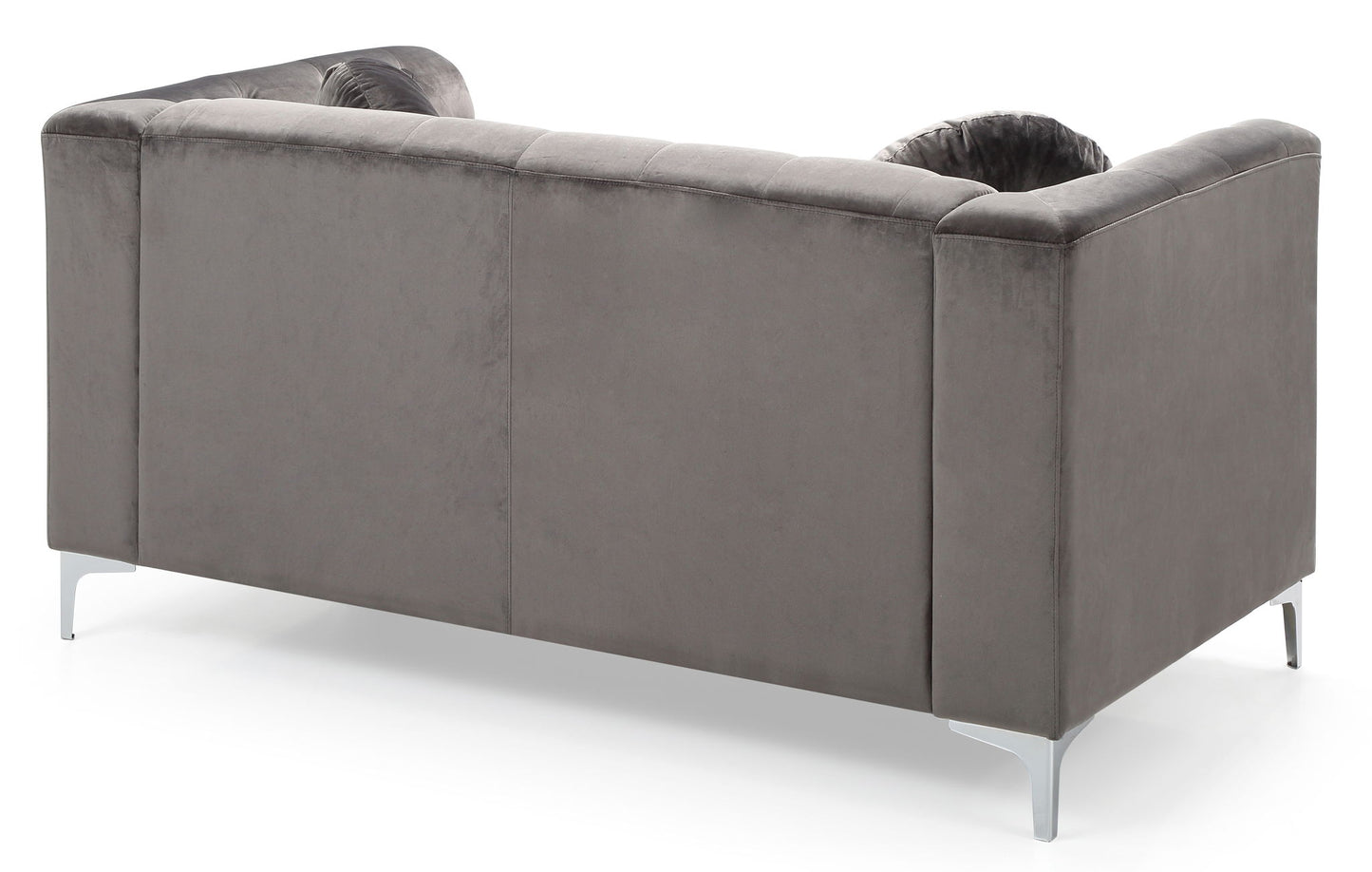 The Stylish Sloped Arm Loveseat features a modern gray upholstered design with sleek metal legs, showcased from the back to highlight its smooth surface and minimalist appeal.