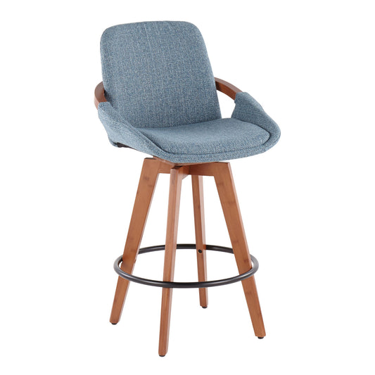 The Cosmo - Mid Century Counter Stool features a blue upholstered seat and backrest, wooden legs, armrests, a built-in footrest, a swivel base, and a contemporary design.
