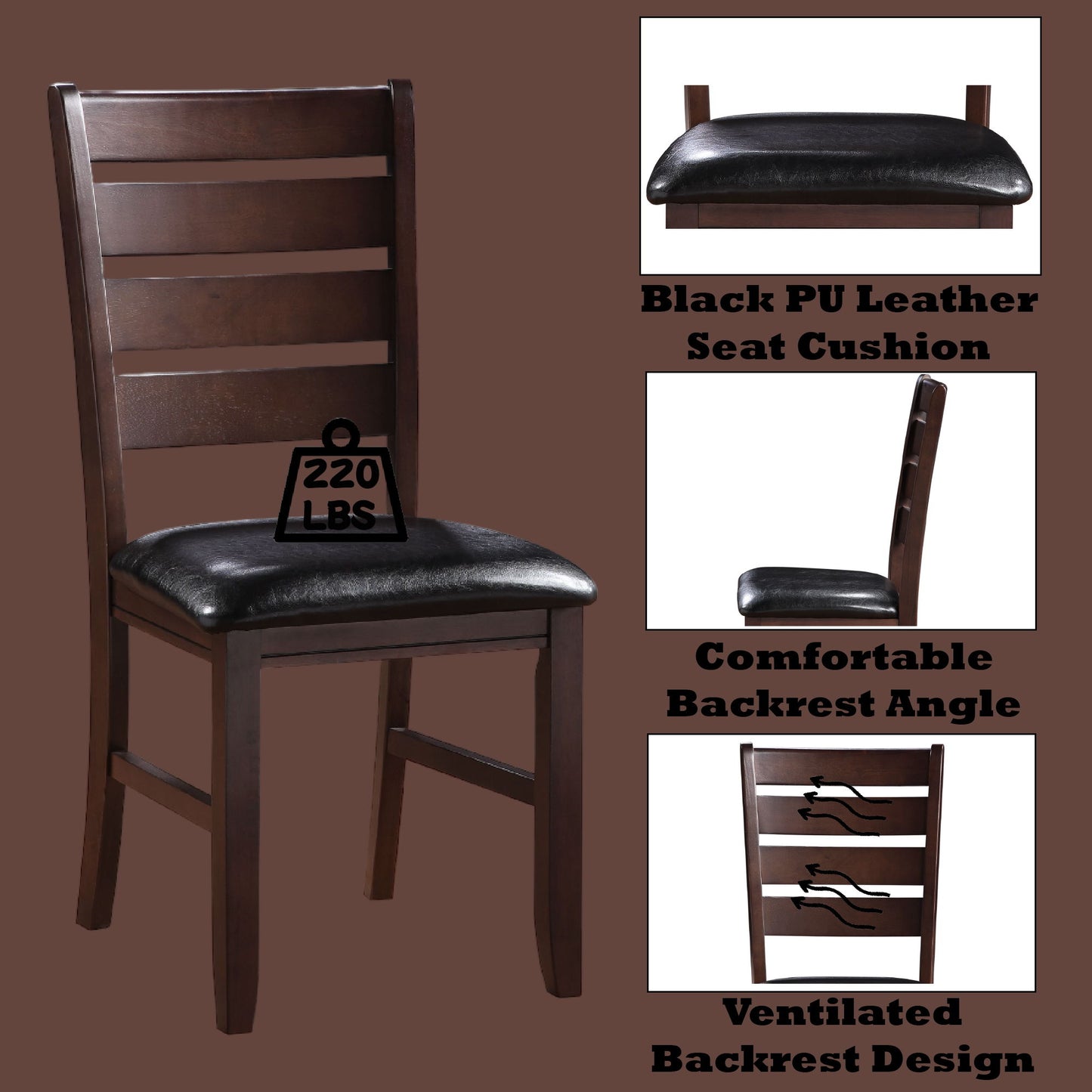 The Urbana Synthetic Leather Side Chair (Set of 2) features a dark wood frame, black cushioned PU leather seat, comfortable angled and ventilated backrest, supports up to 220 lbs, and has a brown background.