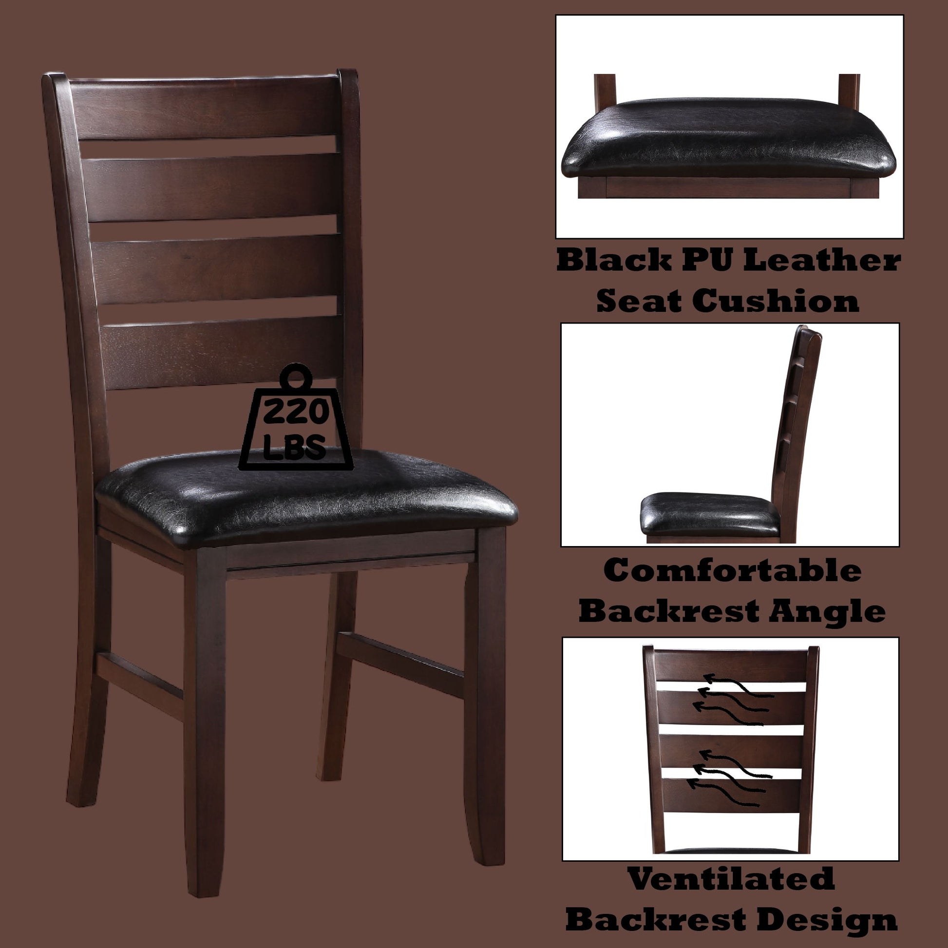 The Urbana Synthetic Leather Side Chair (Set of 2) features a dark wood frame, black cushioned PU leather seat, comfortable angled and ventilated backrest, supports up to 220 lbs, and has a brown background.
