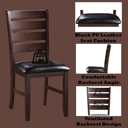 The Urbana Synthetic Leather Side Chair (Set of 2) features a dark wood frame, black cushioned PU leather seat, comfortable angled and ventilated backrest, supports up to 220 lbs, and has a brown background.