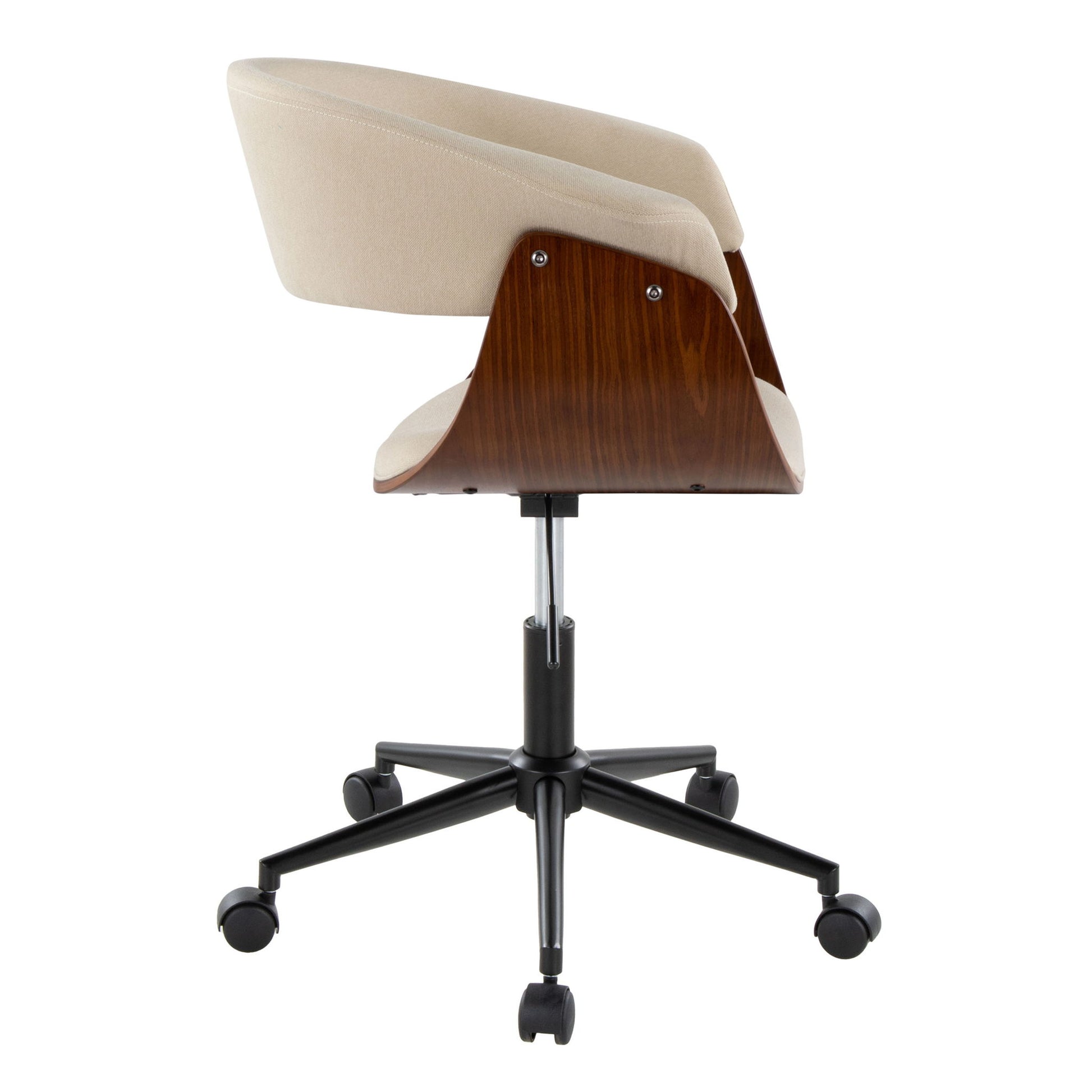 Side view of the Vintage Mod - Mid Century Modern Office Chair, featuring light beige upholstery, a curved wooden backrest and seat, and a black swivel base with five caster wheels.