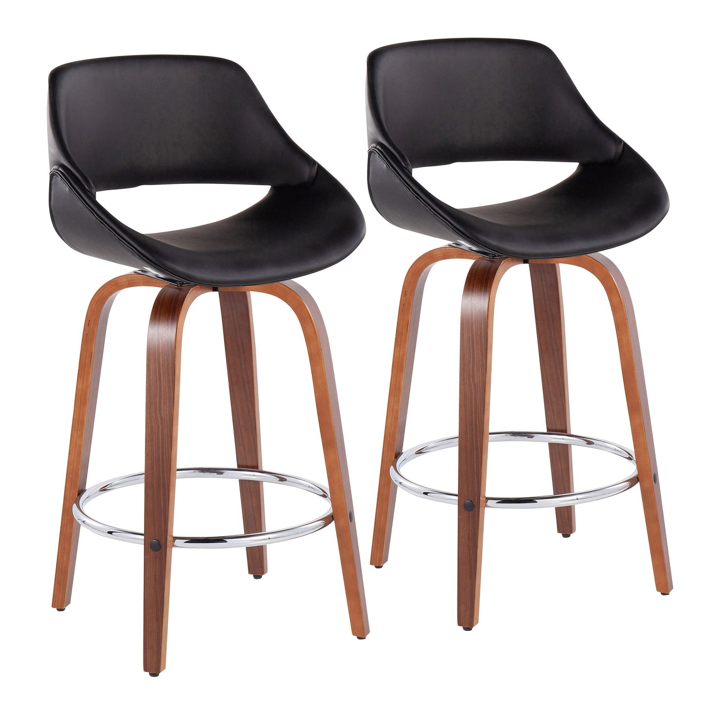 Set of 2 Fabrico Mid-Century Modern counter stools featuring black curved, low-back seats, wooden arched legs with metal braces, and a round chrome footrest for added support. Fixed height design.
