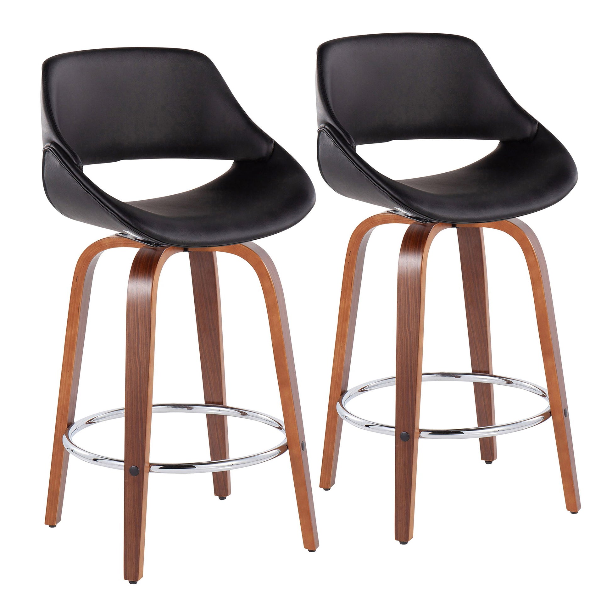 Set of 2 Fabrico Mid-Century Modern counter stools featuring black curved, low-back seats, wooden arched legs with metal braces, and a round chrome footrest for added support. Fixed height design.