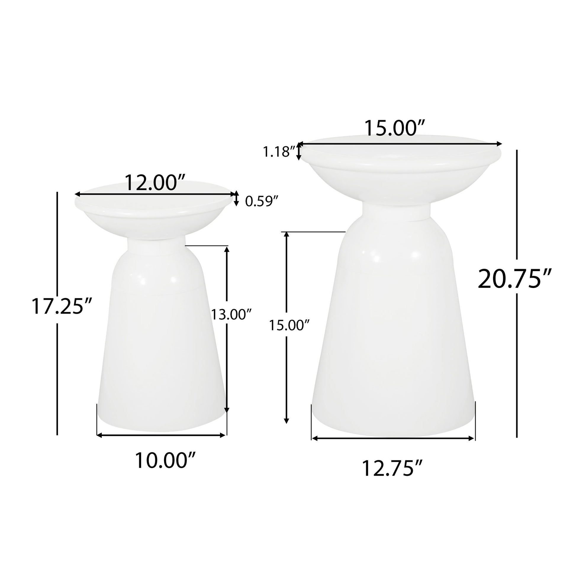 The Serenita Outdoor Side Tables with Flared Design (Set of 2) include one table sized 17.25"H x 12"W x 10" base and another at 20.75"H x 15"W x 12.75" base, with labeled dimensions for thickness and top height.