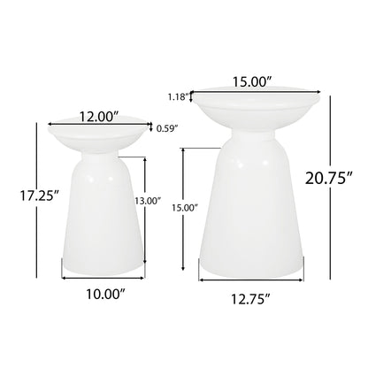 The Serenita Outdoor Side Tables with Flared Design (Set of 2) include one table sized 17.25"H x 12"W x 10" base and another at 20.75"H x 15"W x 12.75" base, with labeled dimensions for thickness and top height.