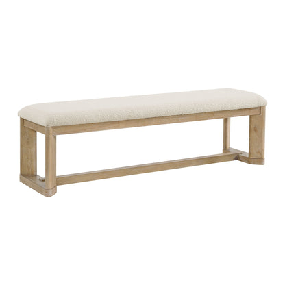 The Clove Upholstered Dining Bench in brown features a light beige cushioned seat, minimalist open rectangular sides, and a natural wood finish with simple, clean lines.