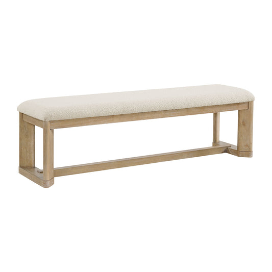 The Clove Upholstered Dining Bench in brown features a light beige cushioned seat, minimalist open rectangular sides, and a natural wood finish with simple, clean lines.