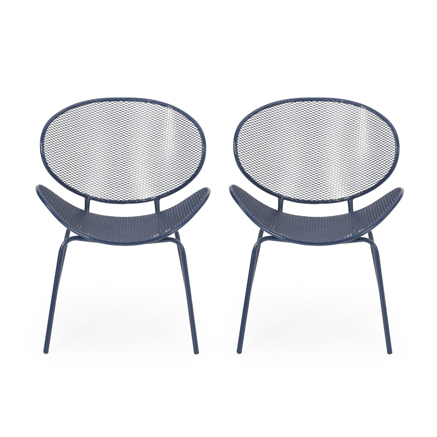 The Elba Contemporary Chair Set features two modern metal chairs with navy blue mesh-patterned circular backs and semi-circular seats, perfect for outdoor relaxation.