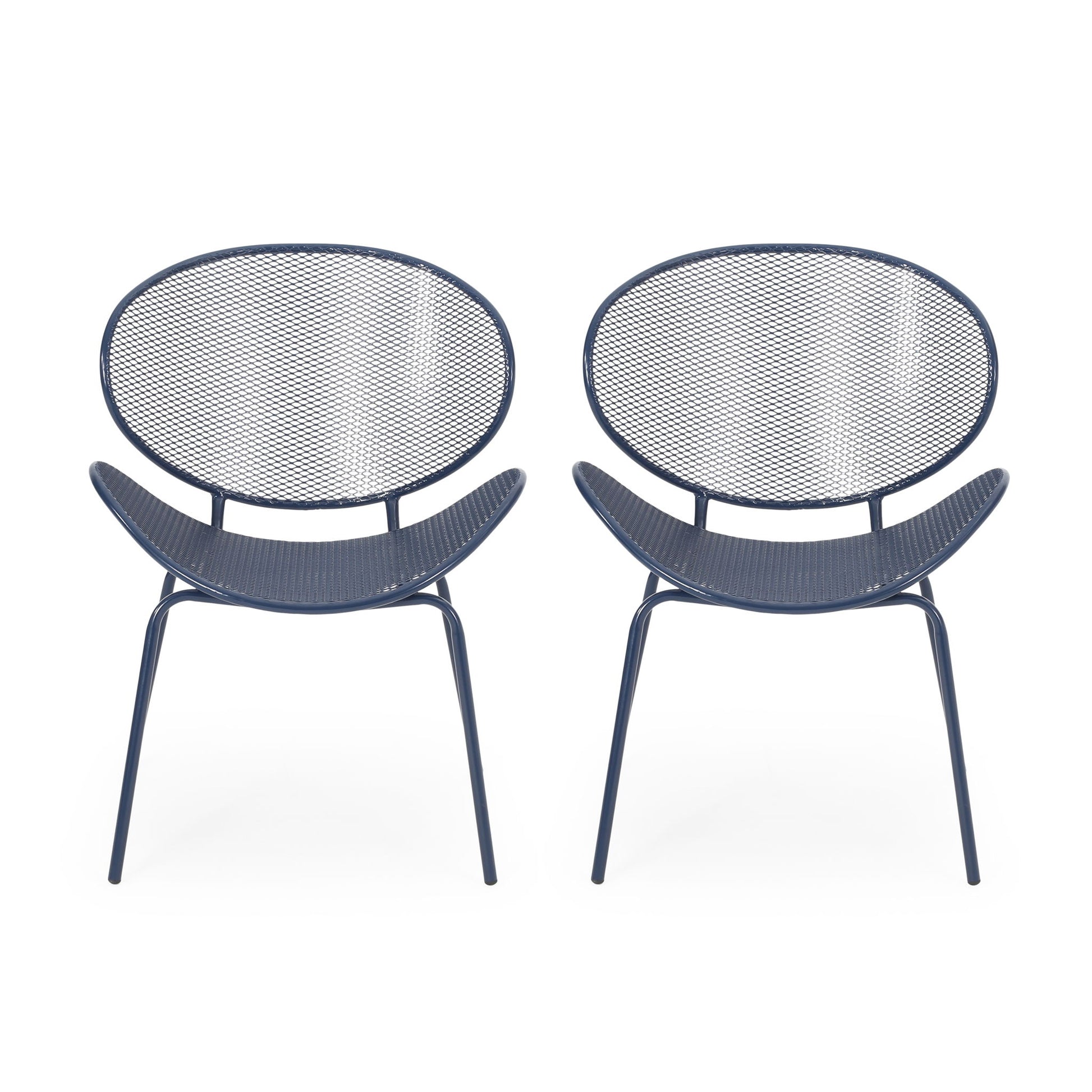 The Elba Contemporary Chair Set features two modern metal chairs with navy blue mesh-patterned circular backs and semi-circular seats, perfect for outdoor relaxation.