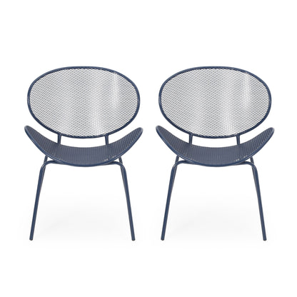 The Elba Contemporary Chair Set features two modern metal chairs with navy blue mesh-patterned circular backs and semi-circular seats, perfect for outdoor relaxation.
