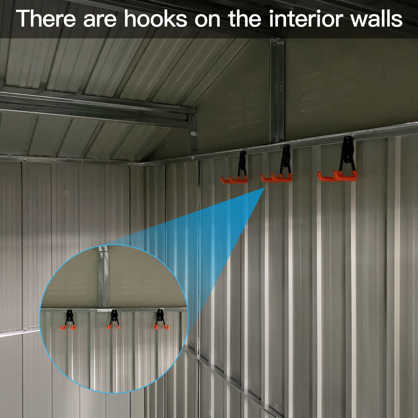Interior wall of the 10' x 8' Garden Sheds Outdoor Storage Sheds With Window features three orange and black hooks, shown with a blue zoom-in. Text at top: “There are hooks on the interior walls.”.