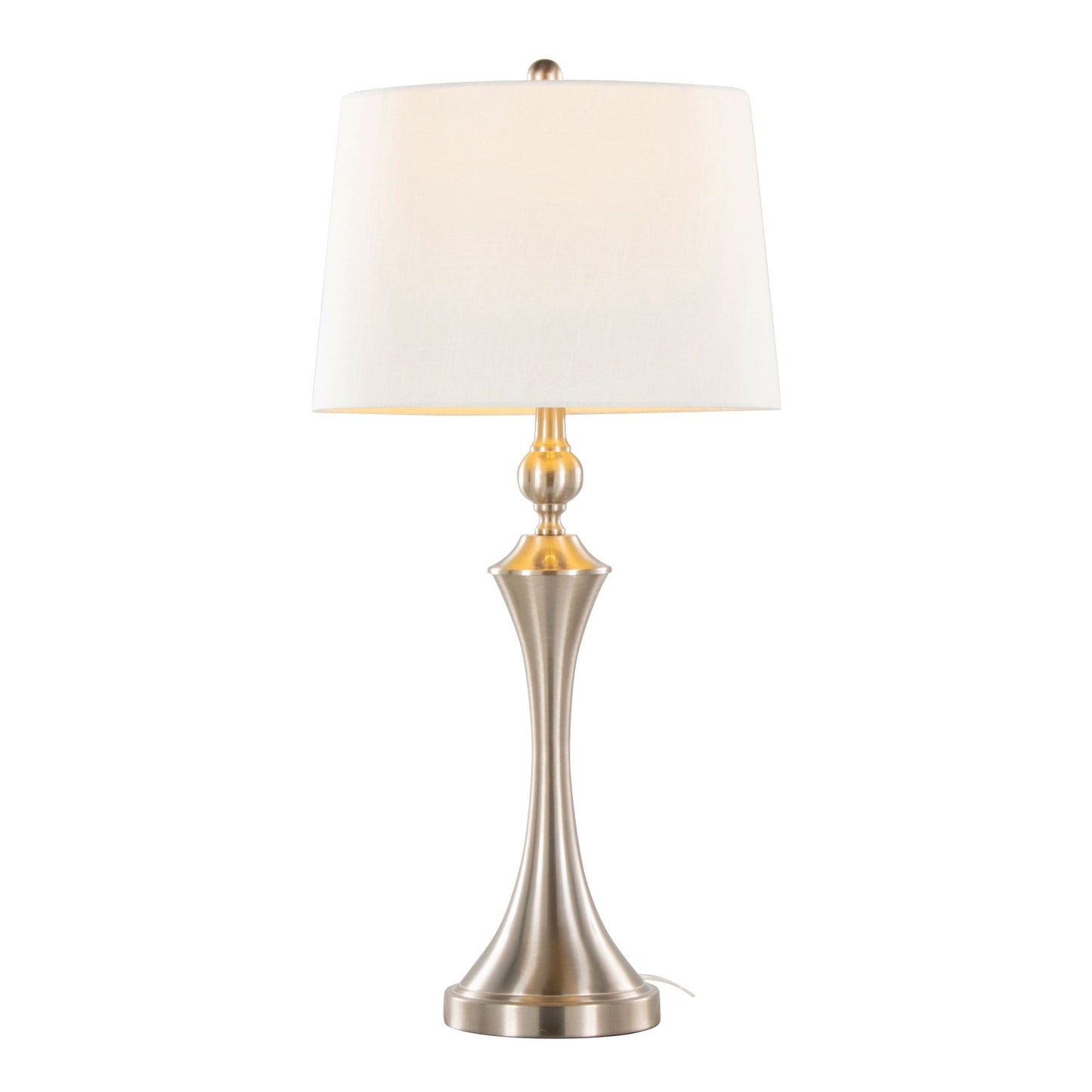 The Flint Contemporary Table Lamp set features a brushed nickel base, white fabric drum shade, slender curved design, and metallic finish. Built-in USB port for convenience. Shown on a white background. Comes as a set of 2.