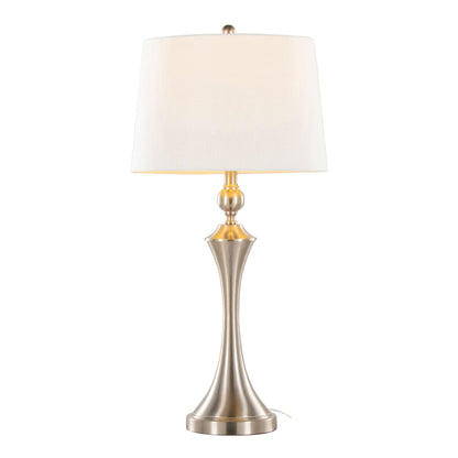 The Flint Contemporary Table Lamp set features a brushed nickel base, white fabric drum shade, slender curved design, and metallic finish. Built-in USB port for convenience. Shown on a white background. Comes as a set of 2.