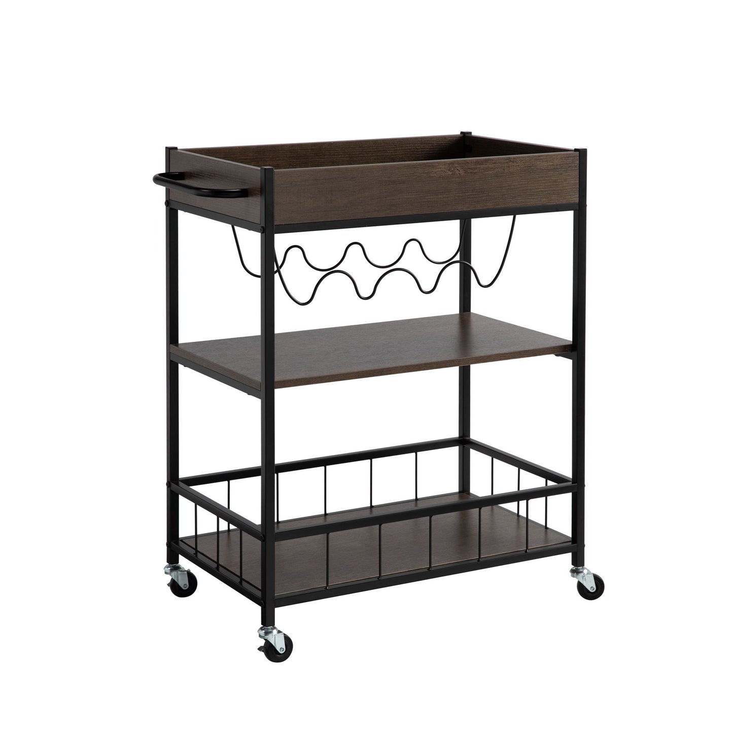 The Rolling Kitchen Cart With Storage And Four Wine Bottle Rack features a black metal frame, dark wood shelves, wine rack, four caster wheels, and a side handle for easy mobility.