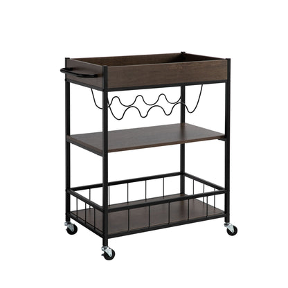 The Rolling Kitchen Cart With Storage And Four Wine Bottle Rack features a black metal frame, dark wood shelves, wine rack, four caster wheels, and a side handle for easy mobility.