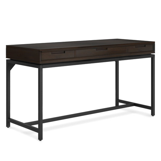 The Banting - Mid Century Handcrafted Desk features a dark wooden top, three front drawers, and a black metal frame and legs, shown against a white background.