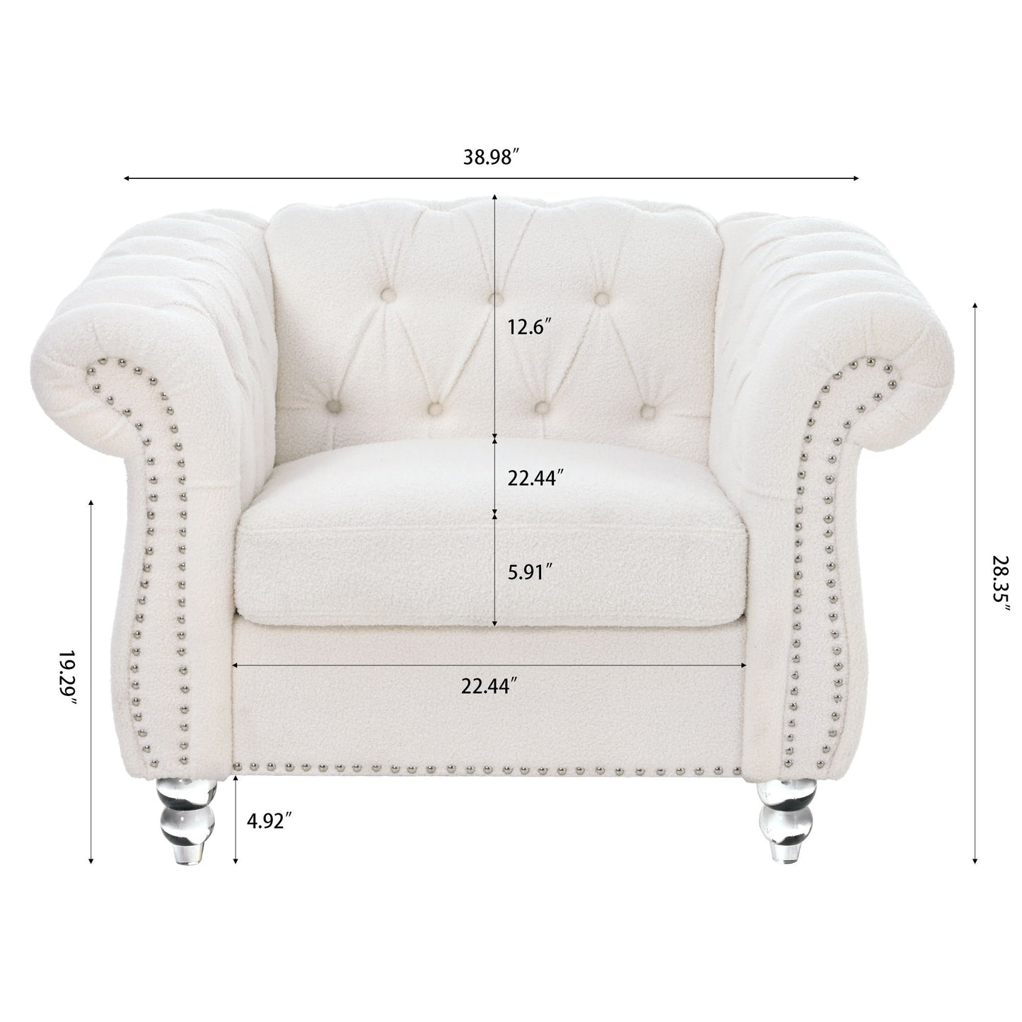 1 Seater Sofa for Living Room, featuring white tufted upholstery, silver stud accents, ornate legs, and shown front view. Dimensions: width 38.98", height 28.35", seat width 22.44", seat depth 22.44", seat height 19.29".