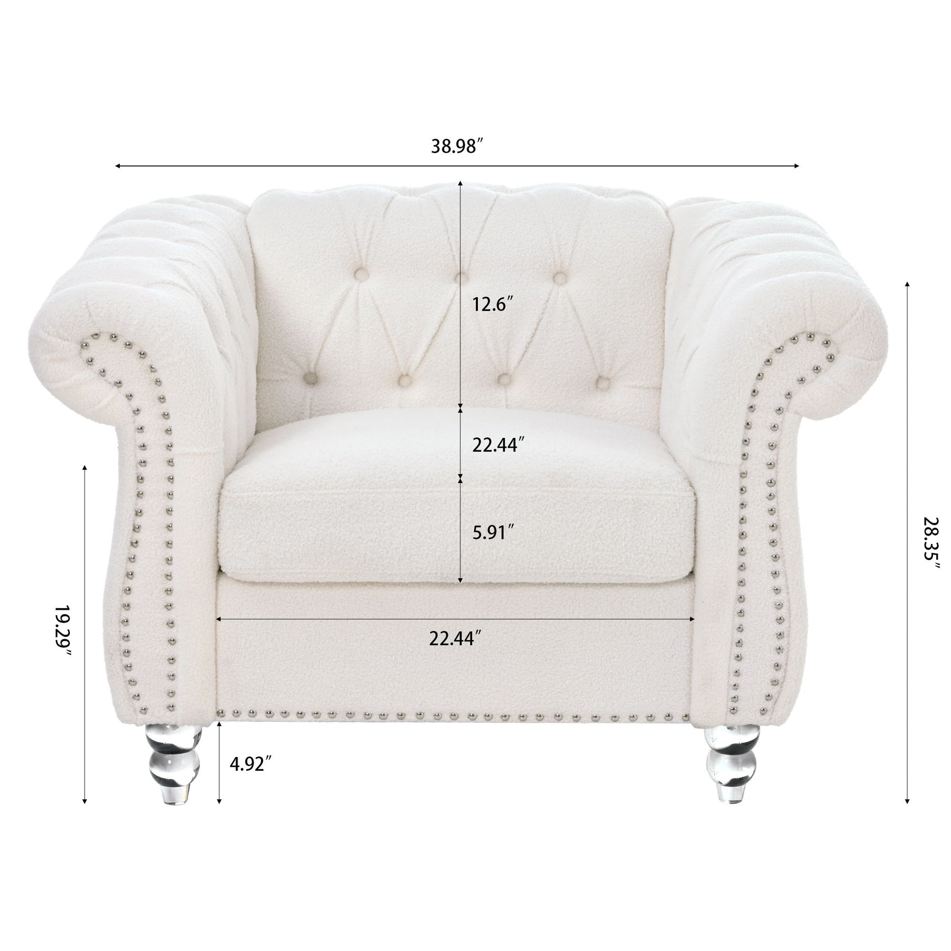1 Seater Sofa for Living Room, featuring white tufted upholstery, silver stud accents, ornate legs, and shown front view. Dimensions: width 38.98", height 28.35", seat width 22.44", seat depth 22.44", seat height 19.29".