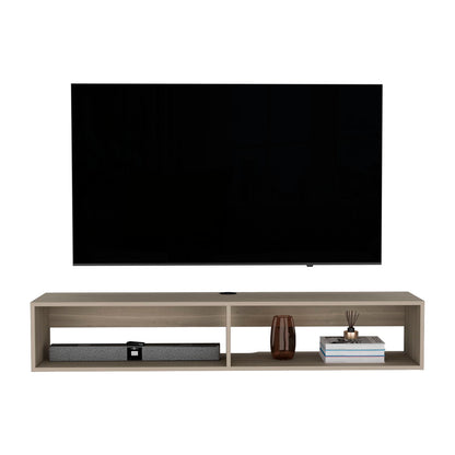 A modern wall-mounted TV above the Moore Floating TV Stand in light wood with two open shelves, displaying a soundbar, brown vase, books, and a reed diffuser.