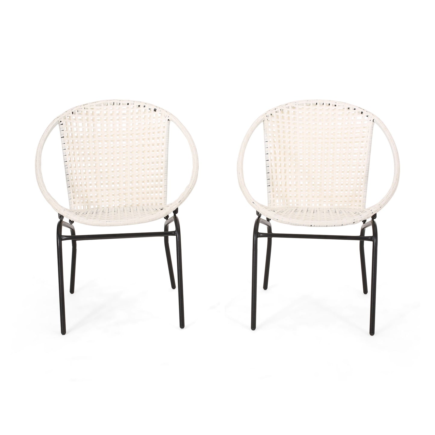 Two Java chairs with comfortable design, featuring round woven white backs and seats on slim black metal legs, are displayed side by side against a white background.