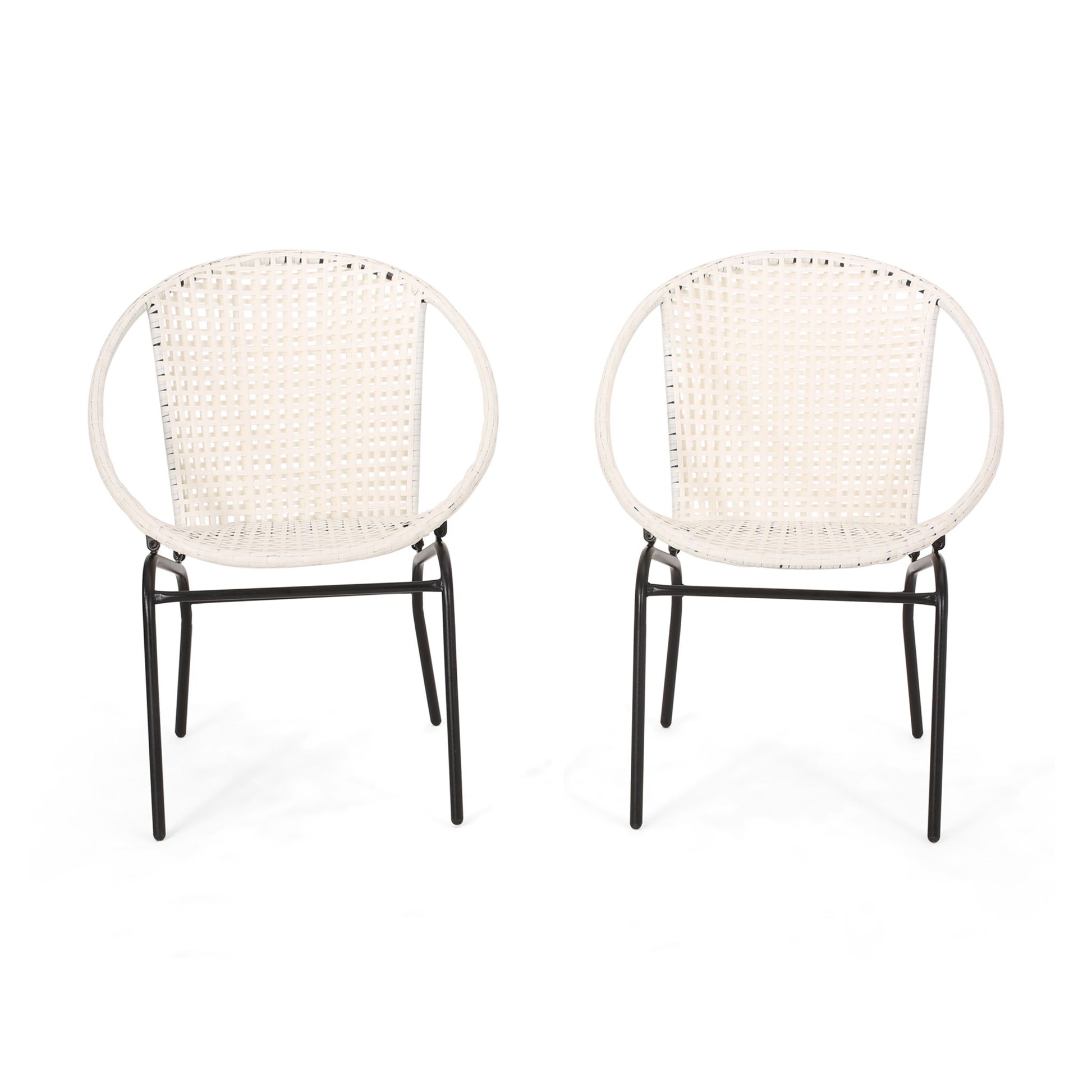 Two Java chairs with comfortable design, featuring round woven white backs and seats on slim black metal legs, are displayed side by side against a white background.