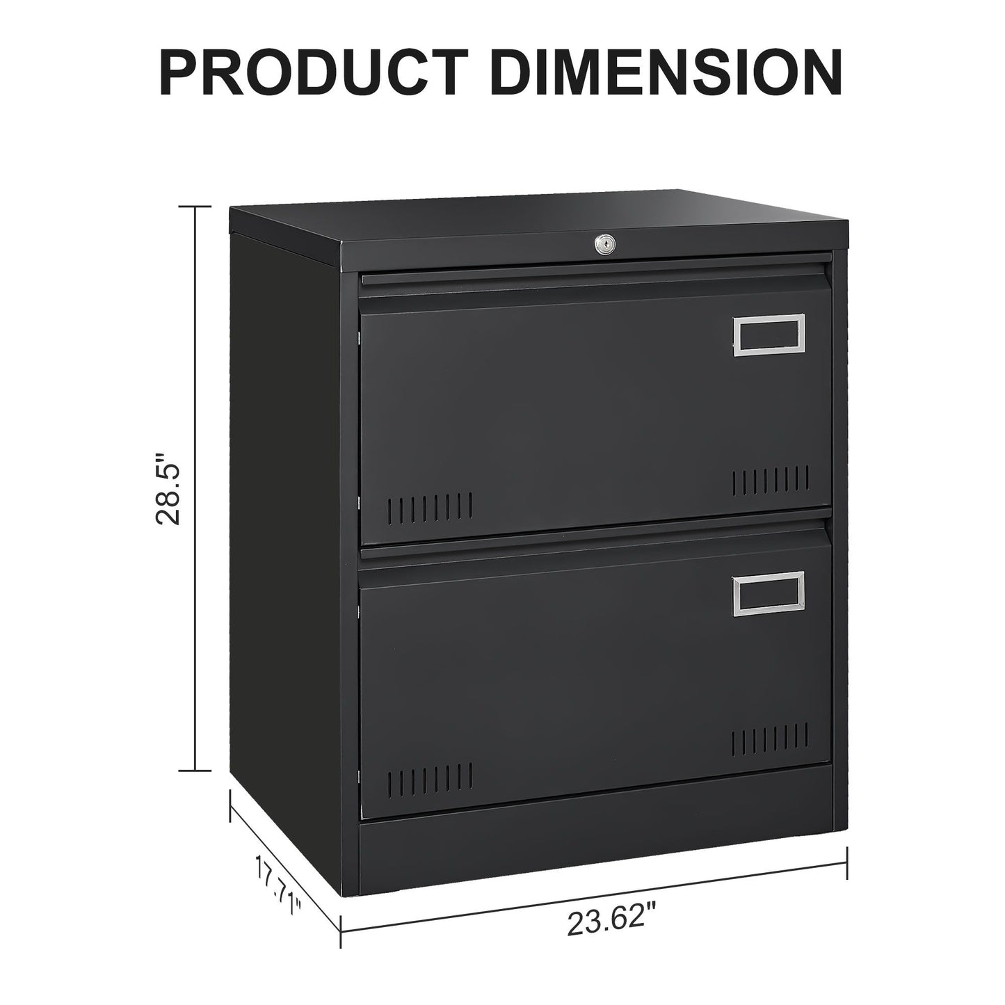 The text "PRODUCT DIMENSION" appears above the 2 Drawer Metal Lateral File Cabinet With Lock—black, measuring 28.5"H x 23.62"W x 17.1"D, shown with two drawers and a secure lock for home office use.