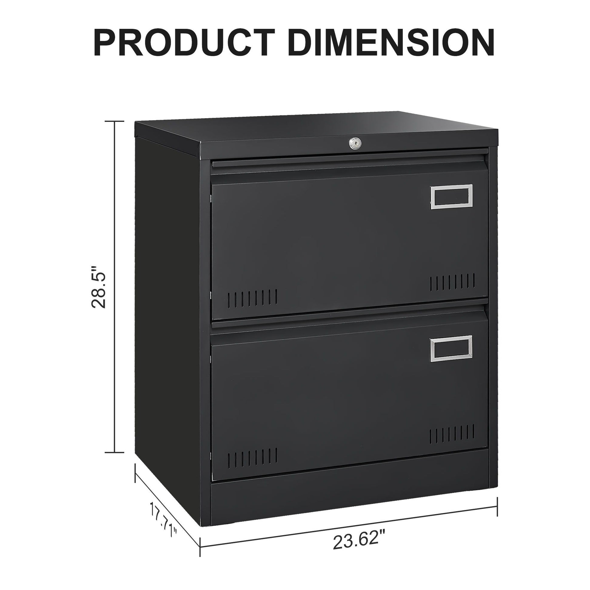 The text "PRODUCT DIMENSION" appears above the 2 Drawer Metal Lateral File Cabinet With Lock—black, measuring 28.5"H x 23.62"W x 17.1"D, shown with two drawers and a secure lock for home office use.