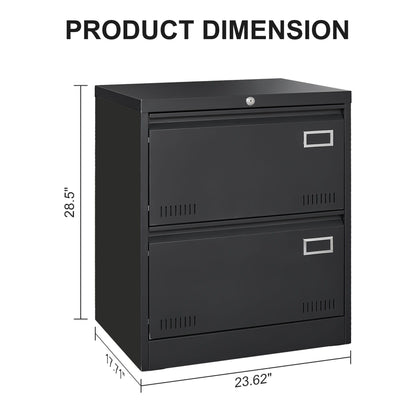 The text "PRODUCT DIMENSION" appears above the 2 Drawer Metal Lateral File Cabinet With Lock—black, measuring 28.5"H x 23.62"W x 17.1"D, shown with two drawers and a secure lock for home office use.