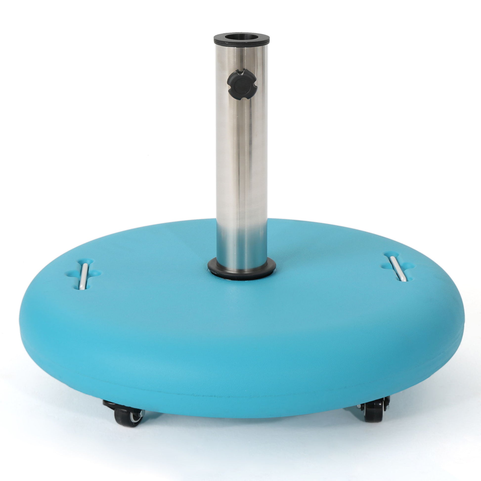 Wheelie is a blue, round umbrella base featuring a central stainless steel pole holder, side handles, wheels for easy movement, and a knob to secure the umbrella pole.