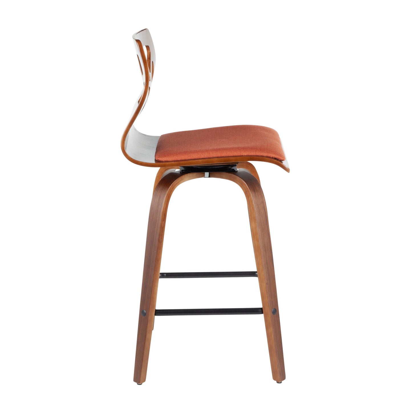 The Folia Mid Century Modern Fixed Height Counter Stool (Set of 2) features a curved backrest, orange upholstered seat, four legs, black metal footrests, and a swivel design, shown from the side.