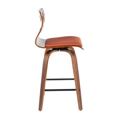 The Folia Mid Century Modern Fixed Height Counter Stool (Set of 2) features a curved backrest, orange upholstered seat, four legs, black metal footrests, and a swivel design, shown from the side.