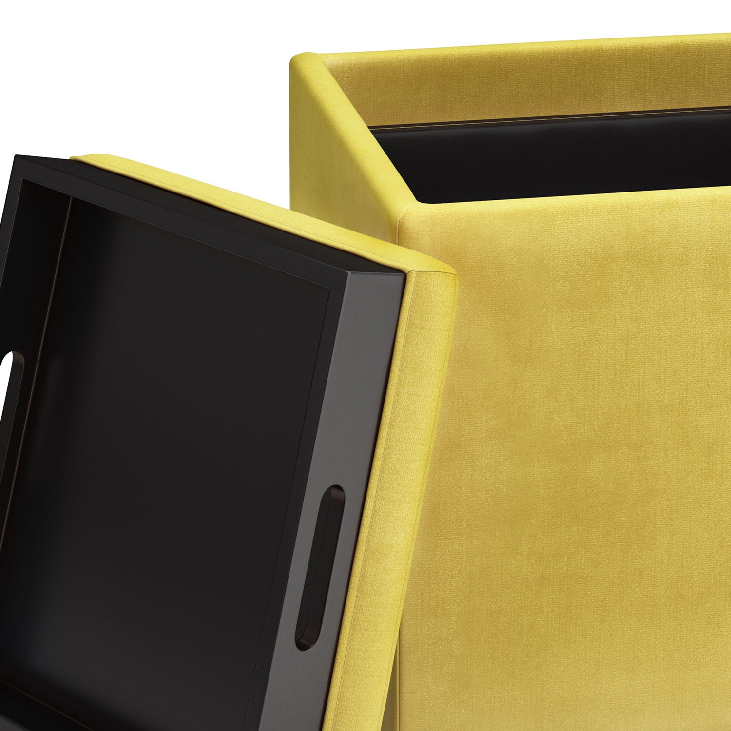 A close-up of the Rockwood Upholstered Cube Storage Ottoman With Tray in yellow shows its removable lid partially lifted, revealing a black interior storage compartment.