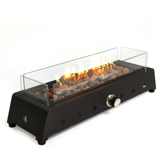 The 28" Tabletop Fire Pit is a black, portable propane gas fire pit with a quick connect joint, glass wind guard, and lava rock. Flames are visible above the rocks for an attractive outdoor table centerpiece.