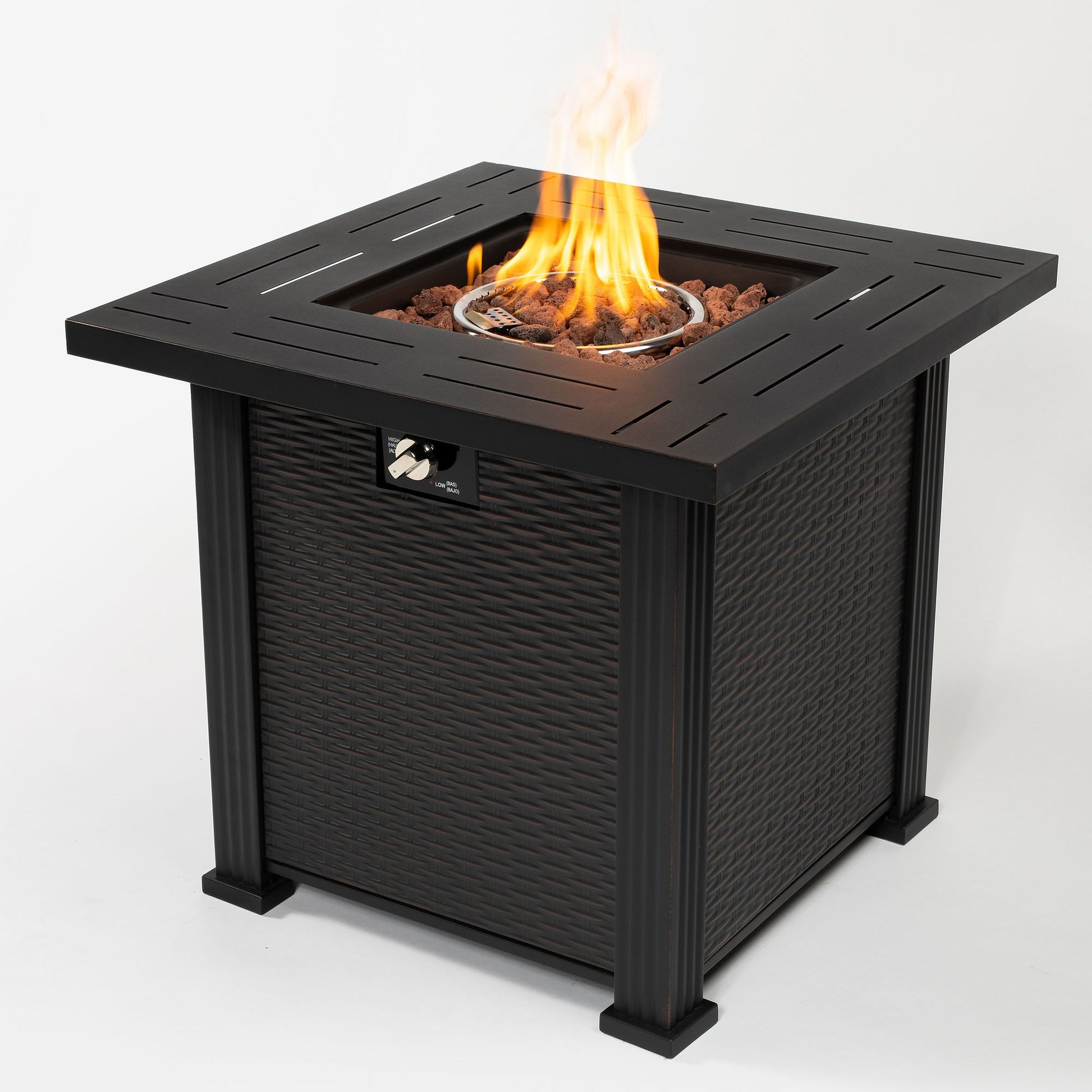 A 28" square, brown outdoor fire pit table with a metal frame and a central flame surrounded by lava rocks, set against a plain white background.