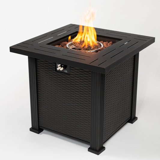 A 28" square, brown outdoor fire pit table with a metal frame and a central flame surrounded by lava rocks, set against a plain white background.