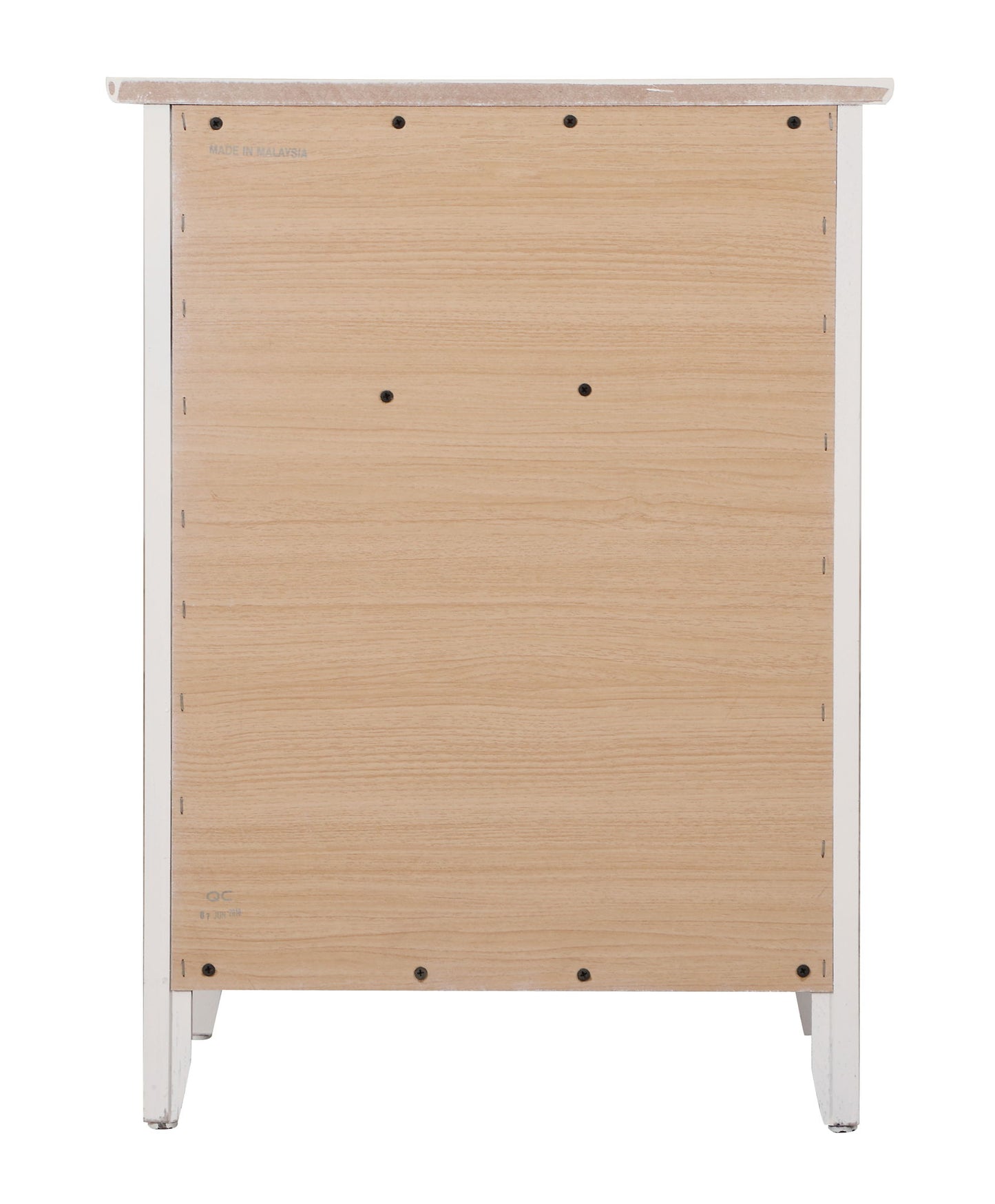 A rear view of the Izzy - 1 Drawer / 1 Door Nightstand shows its light wood finish, white frame, plain back panel with visible screws, and flat top.