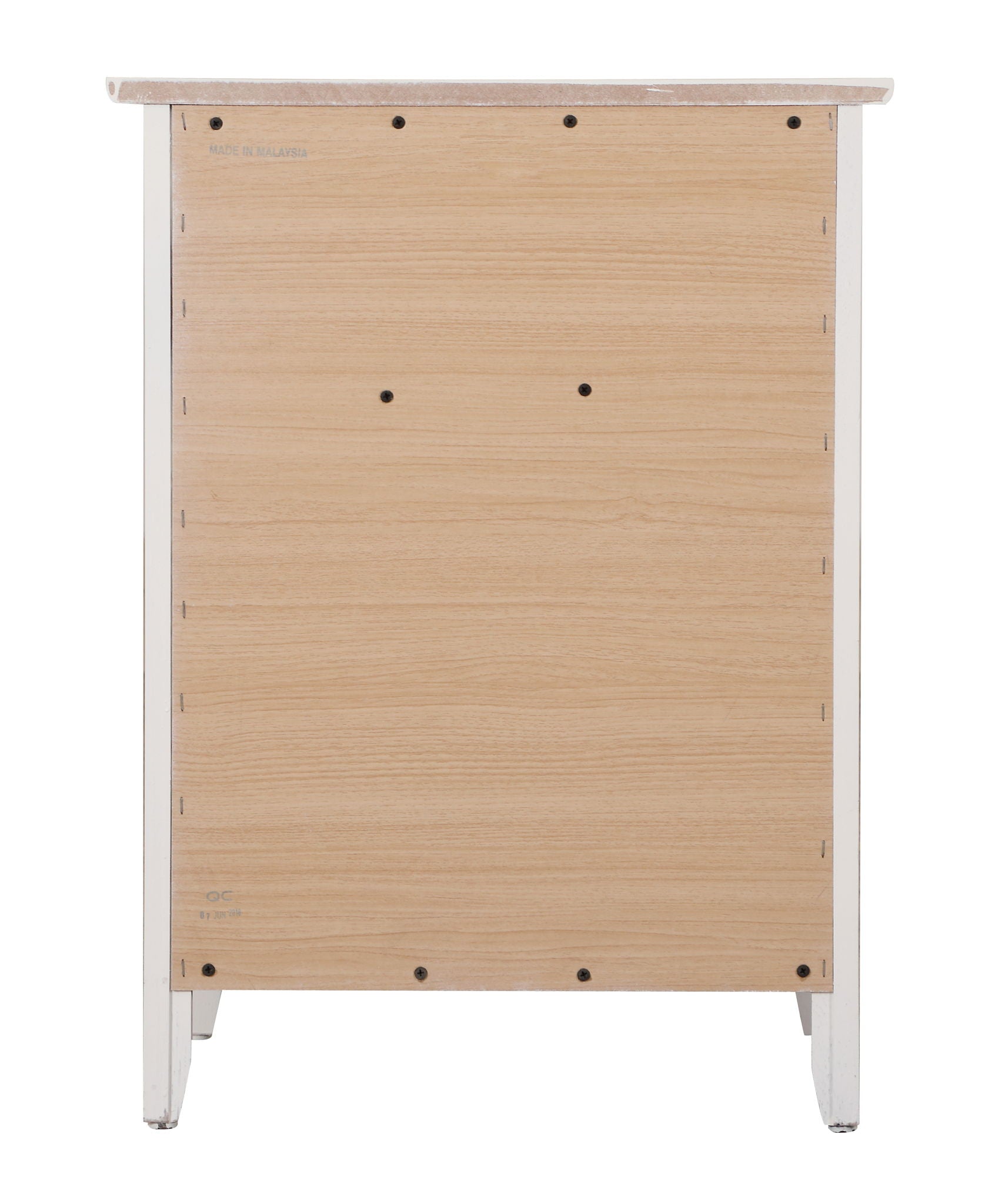 A rear view of the Izzy - 1 Drawer / 1 Door Nightstand shows its light wood finish, white frame, plain back panel with visible screws, and flat top.
