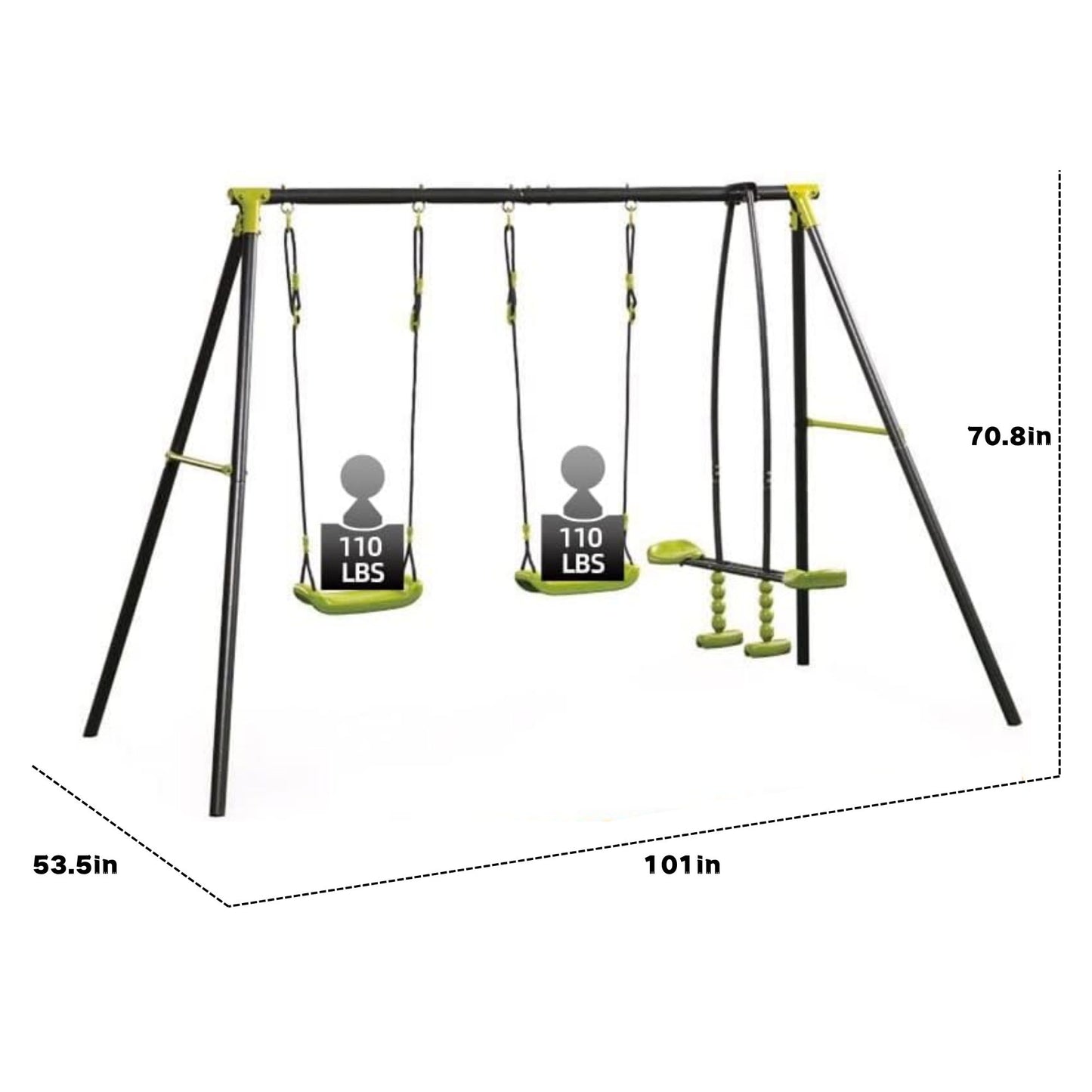 The Xns008 Interesting Triple Children Metal Safe Swing Set (Green/Black) has two swings (110 lbs each) and a glider, supports up to 440 lbs total, measures 70.8" H x 101" W x 53.5" D, and is designed for ages 3+.