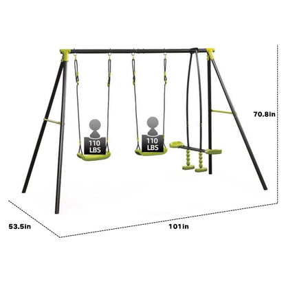 The Xns008 Interesting Triple Children Metal Safe Swing Set (Green/Black) has two swings (110 lbs each) and a glider, supports up to 440 lbs total, measures 70.8" H x 101" W x 53.5" D, and is designed for ages 3+.