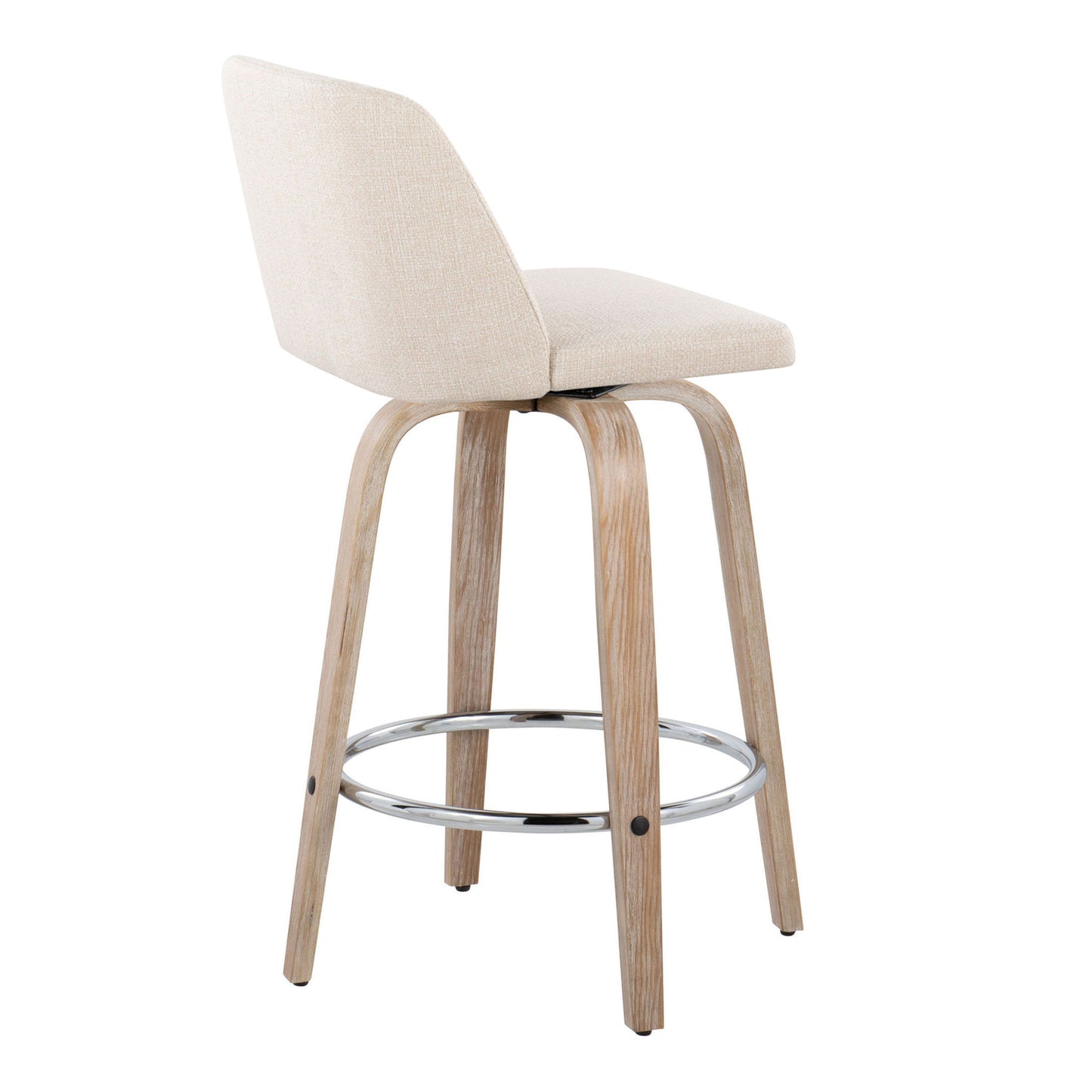 The Toriano Contemporary Fixed Height Counter Stool (set of 2) features a beige upholstered seat, curved backrest, light wood legs, swivel function, and a round metal footrest, displayed against a white background.