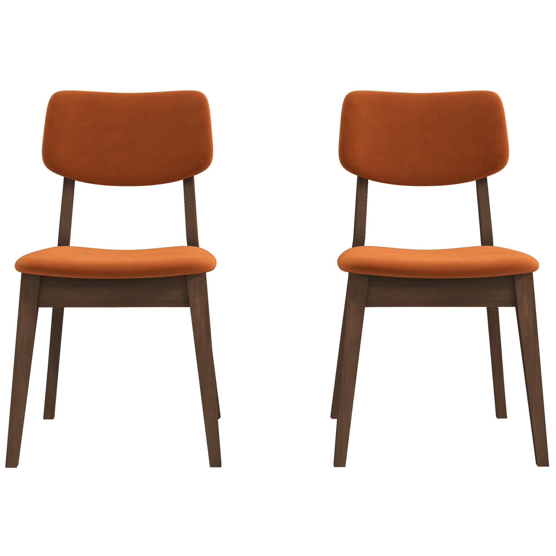 The Carlos - Solid Back Side Chair (Set of 2) features mid-century modern design with burnt orange upholstered seats and backs, complemented by dark wooden legs and frames, all displayed against a plain white background.