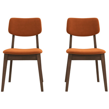 The Carlos - Solid Back Side Chair (Set of 2) features mid-century modern design with burnt orange upholstered seats and backs, complemented by dark wooden legs and frames, all displayed against a plain white background.