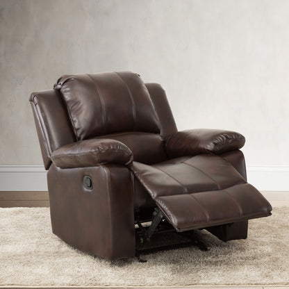 The Charlotte Glider Recliner with Classic Style, a large dark brown leather chair with padded armrests and an extended footrest, sits on a beige carpet against a light wall.
