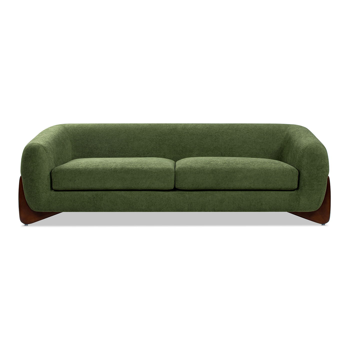 The Alpine - Luxurious Upholstery Sherpa Sofa features modern green fabric, a low back, rounded arms, and a wooden base, displayed against a white background.